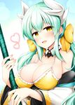  bangs bikini blush bow breasts cleavage collarbone commentary_request detached_sleeves eyebrows_visible_through_hair fate/grand_order fate_(series) green_hair hair_between_eyes hair_bow heart holding holding_weapon horns japanese_clothes kimono kiyohime_(fate/grand_order) kiyohime_(swimsuit_lancer)_(fate) large_breasts long_hair looking_at_viewer obi open_mouth polearm revision rui_shi_(rayze_ray) sash sidelocks smile solo swimsuit upper_body very_long_hair weapon white_kimono yellow_bikini yellow_bow yellow_eyes 