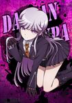  all_fours black_footwear black_gloves black_jacket black_ribbon black_skirt boots brown_neckwear copyright_name danganronpa danganronpa_1 eyebrows_visible_through_hair gloves hair_ribbon high_heel_boots high_heels jacket kirigiri_kyouko knee_boots long_hair looking_at_viewer makumaxu miniskirt necktie pleated_skirt purple_background purple_eyes ribbon shirt silver_hair skirt smile solo very_long_hair white_shirt 