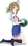  2017 abe_kanari antenna_hair badge ball black_legwear blue_skirt bowling_ball brown_eyes brown_hair green_ribbon hair_ribbon happy_birthday high_school_fleet himeji_kayoko kneeling looking_at_viewer neckerchief petticoat pleated_skirt red_neckwear ribbon sailor_collar school_uniform serafuku short_hair short_sleeves short_twintails simple_background skirt skirt_lift smile socks solo twintails underskirt white_background white_sailor_collar yokosuka_girls_marine_high_school_uniform 