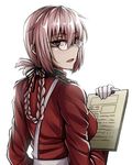  bespectacled braid commentary eyebrows_visible_through_hair fate/grand_order fate_(series) florence_nightingale_(fate/grand_order) from_behind glasses gloves hair_between_eyes highres long_hair looking_at_viewer looking_back military military_uniform notepad parted_lips pink_eyes pink_hair sanmotogoroo simple_background single_braid solo uniform upper_body white_background white_gloves 