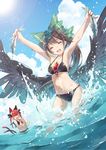  animal_ears armpits arms_up ball beachball bikini bird_wings black_bikini black_bow black_wings blue_sky bow braid breasts brown_hair cat_ears cat_tail cleavage cloud cloudy_sky commentary_request day feathered_wings fish fishing green_bow halter_top halterneck highres holding holding_ball kaenbyou_rin long_hair medium_breasts multiple_girls navel o-ring o-ring_bikini o-ring_bottom ocean open_mouth outdoors outstretched_arms pointy_ears red_hair reiuji_utsuho sky smile sparkle stomach summer swimsuit tail tattoo third_eye touhou toutenkou twin_braids wading water wet wet_hair wings 