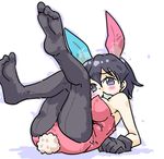  animal_ears bare_shoulders black_hair blush breasts bunny_ears bunny_tail bunnysuit commentary feathers gloves hair_feathers kaban_(kemono_friends) kemono_friends large_breasts lying on_back pantyhose seki_(red_shine) short_hair simple_background soles solo tail white_background 
