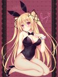  animal_ears ass bare_arms bare_shoulders black_footwear black_leotard blonde_hair blush bow bowtie breasts bunny_day bunny_ears bunny_girl bunnysuit cleavage commentary_request detached_collar eyebrows_visible_through_hair fishnet_pantyhose fishnets hair_between_eyes hair_ribbon hand_on_own_chest large_breasts leotard long_hair looking_at_viewer original pantyhose purple_eyes ribbon shoes sitting solo sorai_shin'ya twintails wariza wrist_cuffs 