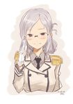  black_eyes cosplay dated double-breasted epaulettes glasses gloves kantai_collection kashima_(kantai_collection) katori_(kantai_collection) katori_(kantai_collection)_(cosplay) kawashina_(momen_silicon) long_sleeves military military_uniform necktie salute silver_hair simple_background solo uniform upper_body white_background white_gloves 