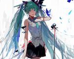  :d absurdly_long_hair aqua_neckwear asymmetrical_gloves bad_id bad_pixiv_id black_skirt blue_eyes breasts bug butterfly cowboy_shot eyebrows_visible_through_hair floating_hair gloves green_hair hair_between_eyes hair_ornament hatsune_miku insect long_hair looking_at_viewer microphone_stand miniskirt necktie no_detached_sleeves open_mouth pleated_skirt shirt short_necktie simple_background sketch skirt sleeveless sleeveless_shirt small_breasts smile solo standing tang_elen twintails very_long_hair vocaloid white_background white_gloves white_shirt 