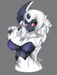  2017 absol anthro blush breasts clothing corset feline fluffy fur hi_res lingerie looking_at_viewer mammal nintendo pok&eacute;mon red_eyes simple_background solo video_games white_fur zzvinniezz 