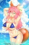  animal_ears armpits arms_up bikini blue_bikini blush bracelet breasts cleavage cloud commentary_request day fang fate/grand_order fate_(series) fox_ears fox_tail highres jewelry large_breasts lens_flare long_hair looking_at_viewer mouth_hold navel ocean one_eye_closed outdoors pink_hair revision sky smile solo sparkle sun sunlight swimsuit tail tamamo_(fate)_(all) tamamo_no_mae_(fate) tamamo_no_mae_(swimsuit_lancer)_(fate) thighs wading wet yellow_eyes yuruto 