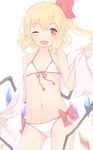  ;d ass_visible_through_thighs bangs bare_arms bikini blonde_hair blush bow collarbone cowboy_shot eyebrows_visible_through_hair fang flandre_scarlet front-tie_bikini front-tie_top hair_bow looking_at_viewer navel one_eye_closed open_mouth pink_bow red_bow red_eyes sakurea side_ponytail simple_background smile solo stomach swimsuit touhou towel white_background white_bikini 