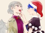  blue_eyes blue_hair bow bowtie chamaruku doremy_sweet finger_in_mouth grey_hair hand_on_own_chest hat jacket kishin_sagume looking_at_another multiple_girls nightcap open_mouth pink_eyes pom_pom_(clothes) short_sleeves simple_background tongue tongue_out touhou wings 
