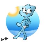 2017 anthro beach bikini blue_fur bunny-bumpkins butt cartoon_network cat clothing digital_media_(artwork) eyelashes fangs feline female fur hand_on_hip looking_at_viewer looking_back mammal nicole_watterson open_mouth paws pose seaside solo sun swimsuit the_amazing_world_of_gumball walking whiskers 