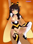  arthropod bee breasts clothing crossman female hair hi_res honey-chan01 human insect long_hair looking_at_viewer lying mammal nipples pussy simple_background smile solo traditional_media_(artwork) 