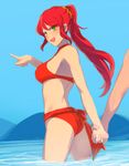  :d beach bikini blue_sky blush breasts chuu day green_eyes holding_hands long_hair medium_breasts open_mouth outdoors partially_submerged pointing ponytail pyrrha_nikos red_bikini rwby sky smile swimsuit water 