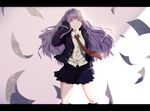  artist_name black_gloves black_jacket black_skirt braid brown_neckwear commentary danganronpa danganronpa_1 dress_shirt eyebrows_visible_through_hair floating_hair gloves hand_in_hair hews_hack jacket kirigiri_kyouko long_hair looking_at_viewer miniskirt necktie open_clothes open_jacket parted_lips pink_eyes pleated_skirt purple_hair shirt skirt solo standing very_long_hair white_shirt 