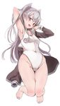  :d alternate_costume amatsukaze_(kantai_collection) arm_behind_head arm_up armpits ass_visible_through_thighs blush breasts brown_eyes commentary_request competition_swimsuit full_body grey_hair jumping kantai_collection long_hair looking_at_viewer one-piece_swimsuit open_mouth simple_background small_breasts smile solo swimsuit thigh_gap two_side_up white_background white_swimsuit yukiguni_yuu 