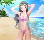  beach bikini blue_eyes brown_hair cloud day long_hair looking_at_viewer navel outdoors pointy_ears princess_zelda sky smile solo super_smash_bros. swimsuit the_legend_of_zelda the_legend_of_zelda:_twilight_princess wasabi_(legemd) 