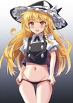  :d black_panties blonde_hair blush cocked_eyebrow collared_shirt commentary e.o. hat highres hips kirisame_marisa long_hair looking_at_viewer lowleg lowleg_panties navel open_mouth panties panty_pull puffy_short_sleeves puffy_sleeves shirt short_sleeves smile solo thigh_gap touhou underwear undressing very_long_hair vest witch_hat yellow_eyes 