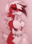  1girl animal_ears breasts claws dog_ears dog_tail furry grin half-closed_eyes large_breasts looking_at_viewer lycanroc napdust no_humans pink_background pink_eyes pokemon pokemon_(creature) pokemon_sm sharp_teeth simple_background sitting smile solo tail teeth 