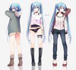  ankle_boots black_footwear black_panties blue_eyes blue_hair boots bracelet brown_footwear choker cross-laced_footwear denim hatsune_miku high_heels highres jacket jeans jewelry knee_boots kuroi_(liar-player) lace-up_boots long_hair panties pants shorts tank_top thigh_strap twintails twitter_username underwear very_long_hair vocaloid 