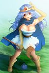  blue_cape blue_hair blush boots breasts brown_footwear brown_hair cape cleavage dragon_quest dragon_quest_iii elbow_gloves gloves highres knee_boots large_breasts long_hair looking_at_viewer open_mouth sage_(dq3) shiro_hougyoku slime_(dragon_quest) smile yellow_gloves 