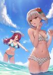  :d bandeau bangs bare_shoulders bikini blue_sky breasts bright_pupils brown_eyes cleavage cloud cloudy_sky contrapposto day expressionless eyebrows_visible_through_hair fisheye flower frill_trim gorilla_(perricotento) groin hair_flower hair_ornament hair_over_one_eye hat highres medium_breasts multiple_girls o-ring o-ring_bikini o-ring_bottom o-ring_top open_mouth original outdoors outstretched_arms outstretched_hand polka_dot polka_dot_bikini red_hair short_hair sky small_breasts smile splashing standing striped striped_bikini sun_hat sunlight swimsuit wading water_drop wet white_pupils 