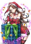  arm_warmers box brown_hair coin copyright_name gift gift_box glasses hat interitio looking_at_viewer official_art red_eyes santa_hat sid_story solo thighhighs 