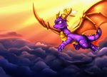  claws day detailed_background dragon feathers feral flying horn male membranous_wings outside pridark purple_eyes purple_feathers sky sparx spyro spyro_the_dragon video_games wings 