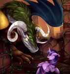 curved_horn detailed_background draconequus dragon equine female friendship_is_magic fur green_hair hair hooves horn male mammal membranous_wings my_little_pony pridark purple_eyes purple_fur purple_hair twilight_sparkle_(mlp) winged_unicorn wings yellow_eyes 