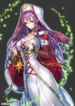  cape copyright_name dress interitio long_hair nun official_art purple_eyes purple_hair red_cape sid_story solo star white_dress 