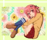  bat_hair_ornament blue_legwear cardigan floral_background gabriel_dropout green_background hair_ornament hair_ribbon hair_rings kurumizawa_satanichia_mcdowell leg_hug long_sleeves looking_at_viewer mary_takanashi pleated_skirt red_eyes red_hair ribbon school_uniform skirt smile solo thighs tongue tongue_out 