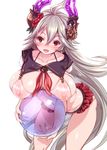  ball beachball bikini blush breasts draph granblue_fantasy grey_hair hair_between_eyes harigane_shinshi highres horns huge_breasts large_breasts leaning_forward long_hair looking_at_viewer nipples open_mouth red_eyes see-through simple_background solo swimsuit thalatha_(granblue_fantasy) 