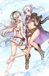  anklet ass athenawyrm bikini bikini_skirt blush boots breasts commentary english_commentary female_my_unit_(fire_emblem:_kakusei) female_my_unit_(fire_emblem_if) fire_emblem fire_emblem:_kakusei fire_emblem_heroes fire_emblem_if gloves hairband hood jewelry lavender_eyes long_hair looking_at_viewer mamkute medium_breasts multiple_girls my_unit_(fire_emblem:_kakusei) my_unit_(fire_emblem_if) pointy_ears red_eyes silver_hair smile swimsuit water 