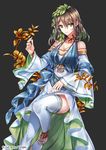  brown_hair copyright_name flower green_eyes hair_ornament interitio japanese_clothes official_art plant sid_story solo thighhighs 