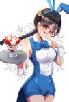  1girl animal_ears black_hair bleach blue blue_bow blue_neckwear blue_shorts bow braid braided_ponytail breasts brown_eyes bunny_ears cowboy_shot dress_shirt fake_animal_ears finger_licking floating_hair food glasses hairband head_tilt holding holding_plate index_finger_raised kurotsuchi_nemu licking long_hair looking_at_viewer medium_breasts plate red-framed_eyewear shiny shiny_clothes shirt short_shorts shorts single_braid sleeveless solo standing tongue tongue_out umi_(pixiv6861961) white_background white_shirt wrist_cuffs 