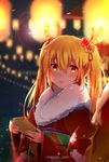  :3 blonde_hair blurry commentary depth_of_field dragon_girl dragon_horns fur_collar hair_ornament highres holding horns japanese_clothes kimono kobayashi-san_chi_no_maidragon kobayashi_(maidragon) lampion long_hair looking_at_viewer milktower multiple_girls orange_eyes out_of_frame slit_pupils tooru_(maidragon) twintails 