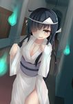  alternate_costume black_hair breasts cleavage commentary_request dutch_angle ghost_costume hair_over_one_eye hallway hanging_light hayashimo_(kantai_collection) hitodama indoors japanese_clothes kantai_collection kimono long_hair looking_at_viewer medium_breasts ne_an_ito obi sash shiroshouzoku smirk solo triangular_headpiece yellow_eyes 