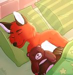  2017 anthro bed bedding bedroom biped black_nose blanket brown_fur canine cheek_tuft claws cute digital_media_(artwork) eyebrows eyes_closed fox fur head_tuft high-angle_view inner_ear_fluff inside lying male mammal multicolored_fur on_bed on_side pillow raindrops_the_fox red_fur roobin signature sleeping snout solo teddy_bear tuft white_claws white_fur 