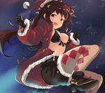  argyle argyle_legwear belt black_gloves blush breasts brown_hair cang_you_xi christmas cleavage gloves hair_ornament hairclip hat high_heels holly large_breasts long_hair navel original pantyhose red_eyes red_hat santa_costume santa_hat smile solo twintails 