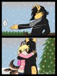  anthro blonde_hair canine christmas clothed clothing coyote djcoyoteguy duo female fur hair holidays male mammal outside pink_eyes ruben_(djcoyoteguy) snow snowflake tree winter wolf yellow_fur 