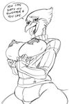  anthro avian avian_(starbound) beak belly bird breasts cheek_tuft claws clothed clothing crinaia dialogue digital_drawing_(artwork) digital_media_(artwork) doctor dripping erect_nipples eyelashes feathers female keyhole_turtleneck looking_at_viewer nipples non-mammal_breasts oh-jiji saliva sketch starbound sweater tongue tuft video_games 