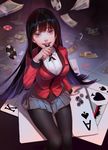  black_hair breasts card highres hime_cut jabami_yumeko kakegurui large_breasts long_hair looking_at_viewer looking_up money open_mouth pantyhose playing_card poker_chip school_uniform skirt smile solo teeth thumb_ring very_long_hair zema_haru 