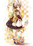  :o animal animal_ears animal_on_shoulder apron ball bangs black_eyes checkered checkered_background commentary_request fan floral_print flower folding_fan fox fox_ears fox_girl fox_tail full_body grey_hair hair_flower hair_ornament hair_ribbon highres holding holding_tray japanese_clothes leg_up long_hair long_sleeves looking_at_viewer open_mouth original parted_bangs ponytail ribbon sidelocks solo standing standing_on_one_leg tabi tail tray wa_maid white_legwear wide_sleeves yuzuyomogi zouri 