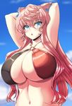  armpits arms_behind_head bikini_top blue_eyes breasts cleavage commentary_request galerie large_breasts long_hair looking_at_viewer maria_cadenzavna_eve navel open_mouth pink_hair senki_zesshou_symphogear solo very_long_hair 