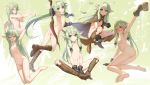  barefoot boots bow_(weapon) cape censored drink flat_chest gloves goblin_slayer! green_eyes green_hair high_elf_archer_(goblin_slayer!) long_hair navel nipples nude observerz pointed_ears pussy twintails weapon 