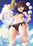  :o bikini black_hair blue_sky breasts brown_eyes cloud cloudy_sky day fisheye from_below hand_on_hip hat kamukamu_(ars) medium_breasts navel off_shoulder pointy_ears shameimaru_aya short_hair side-tie_bikini sky solo swimsuit tokin_hat touhou underboob wading water_gun 