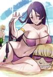  1girl absurdres blonde_hair blush breasts cleavage collarbone eyebrows_visible_through_hair eyepatch_bikini fate/grand_order fate_(series) food fruit highres holding holding_food large_breasts long_hair looking_at_viewer minamoto_no_raikou_(fate/grand_order) minamoto_no_raikou_(swimsuit_lancer)_(fate) navel pantie_painting parted_lips purple_eyes purple_hair sakata_kintoki_(fate/grand_order) sitting smile solo_focus sunglasses swimsuit watermelon 