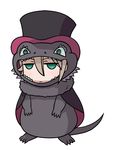  :/ ange_(princess_principal) black_hat blush brown_hair cape chibi closed_mouth commentary denden fur_collar green_eyes hair_between_eyes hat jitome lizard_costume princess_principal solo tail top_hat v-shaped_eyebrows white_background 