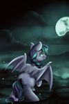  bat_pony detailed_background fan_character feral green_eyes hair hooves membranous_wings moon my_little_pony night outside pridark purple_hair standing wings 