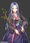  copyright_name green_eyes hanbok interitio japanese_clothes korean_clothes long_sleeves looking_at_viewer official_art open_mouth purple_hair sid_story solo traditional_clothes wood 