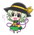  :d black_eyes black_hat blush chibi comic commentary eyebrows_visible_through_hair frilled_shirt_collar frilled_sleeves frills full_body green_collar green_hair green_skirt hair_between_eyes hat hat_ribbon heart heart_of_string komeiji_koishi looking_at_viewer noai_nioshi open_mouth print_skirt ribbon shirt short_hair simple_background skirt smile solo standing third_eye touhou translated white_background yellow_ribbon yellow_shirt 