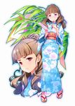  bamboo blue_kimono blush brown_hair eyebrows floral_print full_body highres idolmaster idolmaster_cinderella_girls japanese_clothes kamiya_nao kimono long_hair looking_at_viewer obi pen red_eyes sakana sandals sash solo tanabata tanzaku yukata 